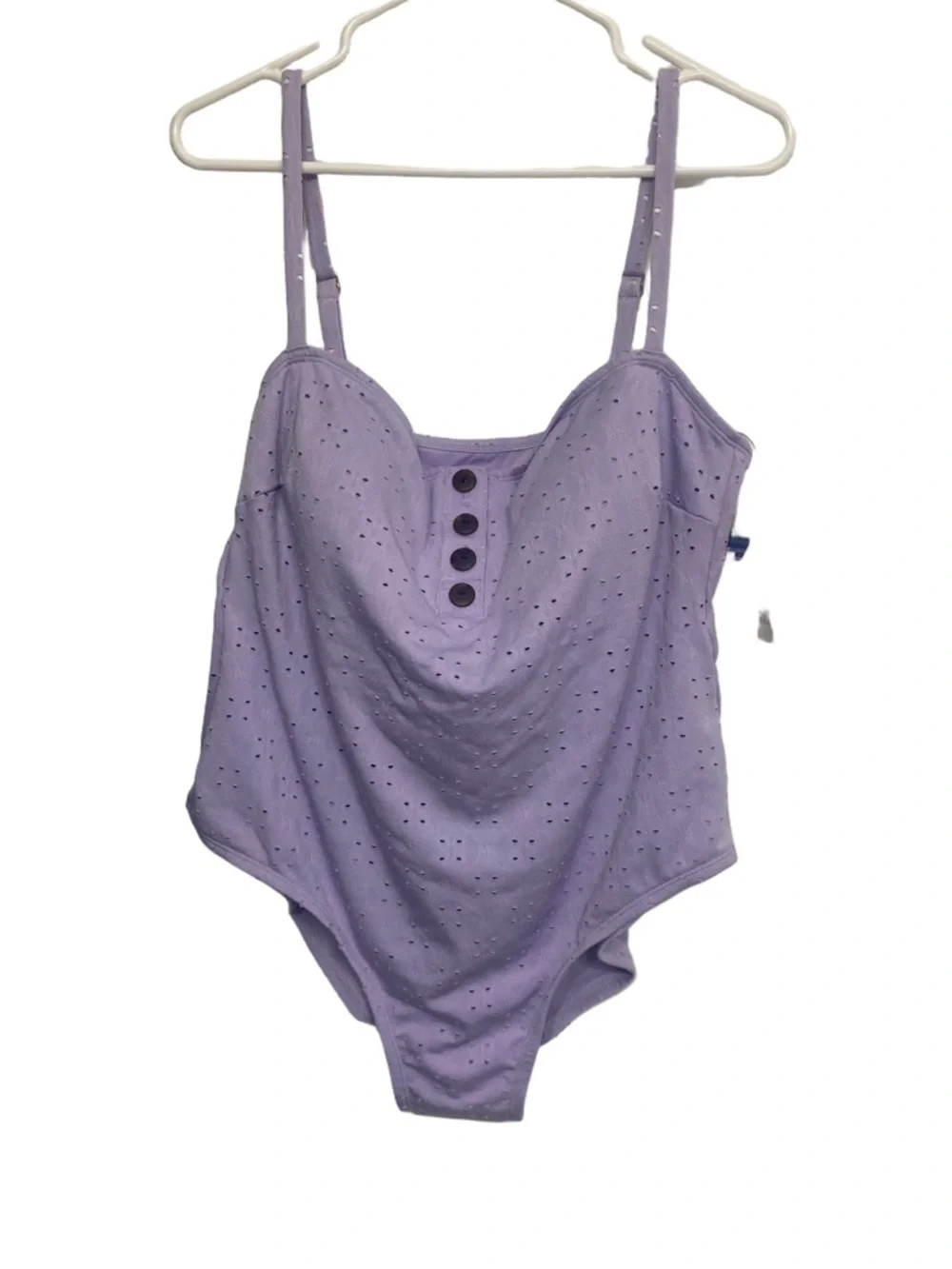 Lavender Eyelet Pointelle One Piece Swimsuit Button Front Ruffle Back 2X NWT - Picture 2 of 6